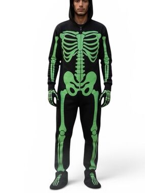 New Spooktacular Skeleton Glow In Dark Zip Up Hooded Jumpsuit Adult SM